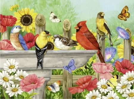 Summer Gathering - flowers, birds, bath, floral, gathering