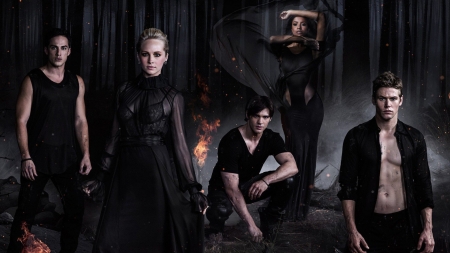 the vampire diaries - diaries, man, forest, vampire, woman