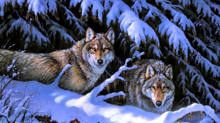 Wolves - pictura, winter, blue, wolf, painting, iarna, couple, art