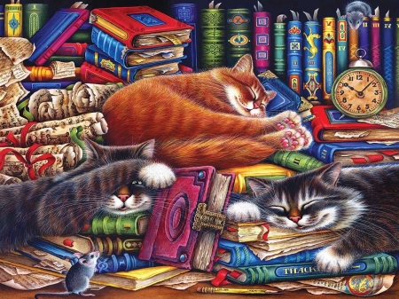 Nap time - pictura, sleep, painting, book, pisici, art, cat