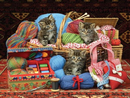 Kittens in the sewing basket - art, basket, cat, kitren, painting, pictura, pisici
