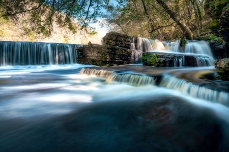 Water Falling in Old Stone Fort Archeological Park, Tennessee - trees, autumn, sky, cascade