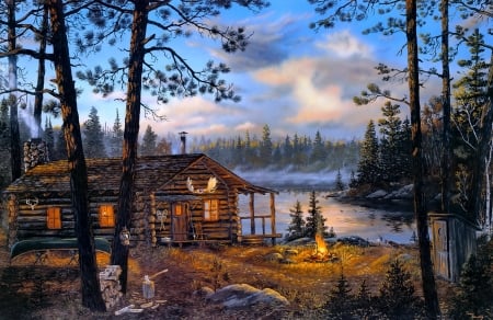 Wilderness Echoes - camp, beautiful, wilderness, echo, paintning, fall, countryside, sunset, picture, fire, autumn, lake, hut, art, cottage