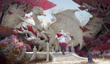 White dragon - fantasy, yalun, white, dragon, ya lun, red, wings, art, luminos