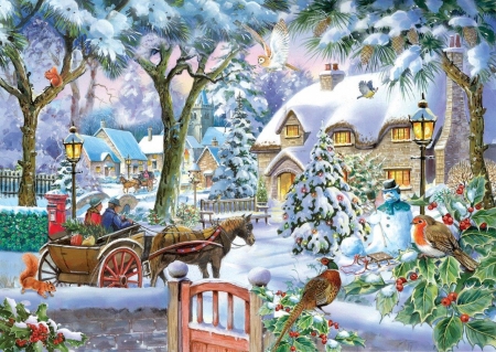 Almost Home - Winter, horse, birds, Carriage, snow, berries, holly, sled
