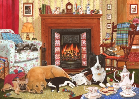Home comforts - dog, room, art, cat, interior, painting, pisici, pictura, caine