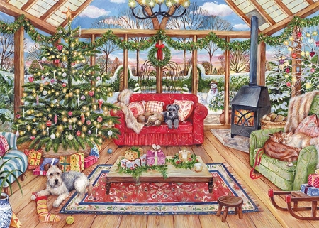 :) - room, dog, tree, cat, christmas, pictura, craciun, painting, art