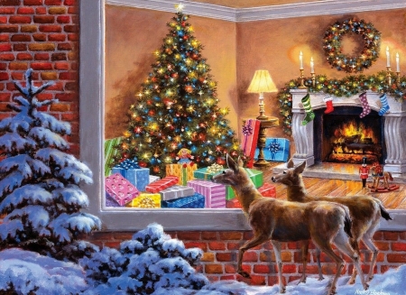 Curious deers - window, room, curious, christmas, pictura, animal, craciun, deer, painting, art