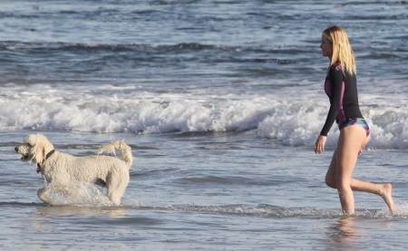 Rosie Huntington-Whiteley - at the beach, blonde, waves, playing with dog, scuba diving top, sand