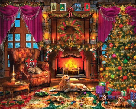 Silent night - dog, craciun, room, art, interior, painting, pictura, christmas, caine