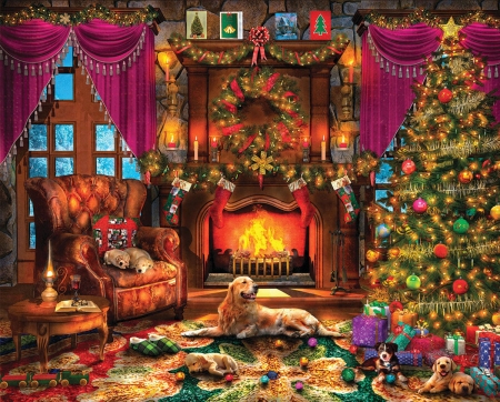 Silent night - room, dog, interior, christmas, pictura, craciun, painting, caine, art