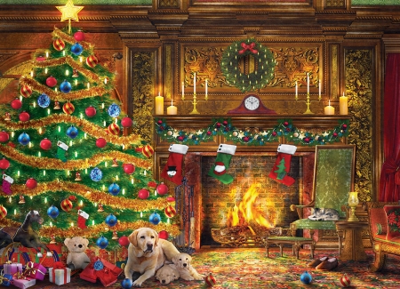 Silent night - dog, craciun, art, room, interior, tree, painting, christmas, pictura, fire, caine
