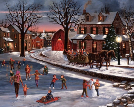 Winter scene - winter, people, evening, scene, children, night, christmas, ice, pictura, craciun, painting, lake, art