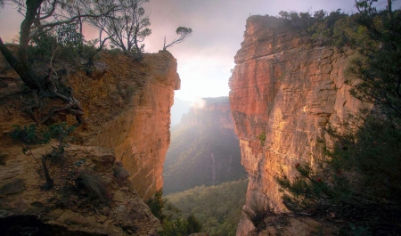 Would you jump Hanging rock, Blue mountains, Australia - cliffs, landscape, trees, sky