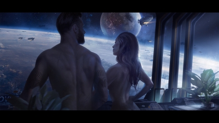 Fantasy couple - blue, bruce liu, couple, dark, fantasy, girl, luminos, man, night, planet, space