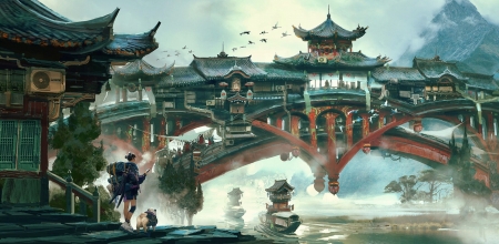 Journey - fantasy, parasol, cranes, girl, dog, caine, liu qing lian, luminos