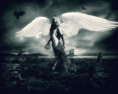 Angel of death - clouds, skulls, woman, wings, angel, dark, sky, scary