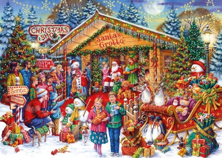 Santa’s Grotto - grotto, snowman, sleigh, moon, Christmas, reindeer, presents, lights, trees, santa