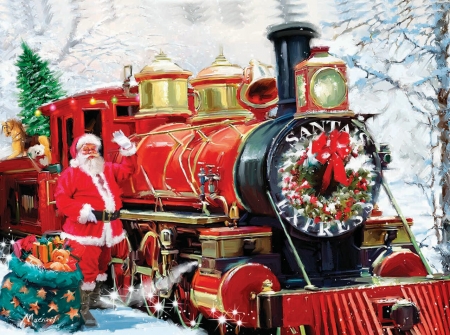 Santa's train - man, christmas, santa, pictura, train, craciun, red, painting, art