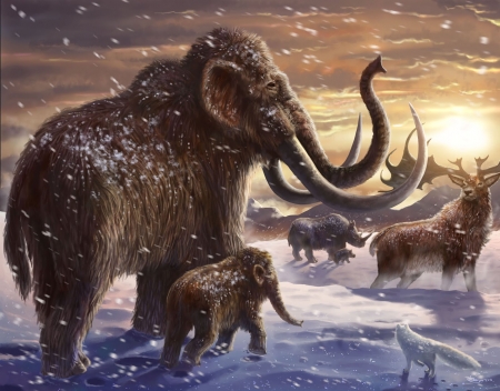 Ice Age - animal, winter, fantasy, iarna, prehistoric, elephant, snow, ice age