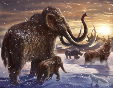 Ice Age - prehistoric, fantasy, winter, animal, ice age, elephant, snow, iarna