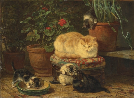 Kittens at play - pictura, henriette ronner knip, kitten, painting, pisici, art, cat