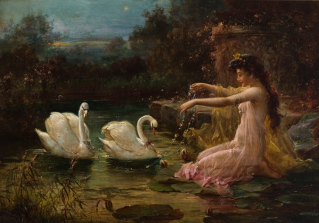 The swan lake - bird, art, girl, lake, painting, pictura, swan, hans zatzka, water