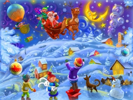 Happy Holiday Season! - moon, snowman, winter, yellow, blue, balloon, children, night, copil, christmas, santa, fantasy, craciun, iarna, luna