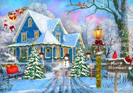 Snowy Christmas Night - snowman, birds, presents, Christmas, snow, trees, santa