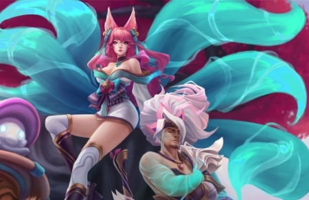 Spirit Blossom Ahri - huy hisu, fantasy, blue, girl, couple, pink, ahri