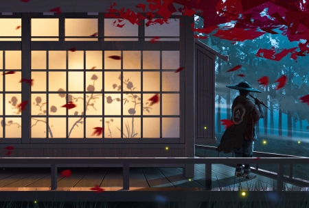 The flute singer - blue, night, flute, frumusete, window, man, surendra rajawat, instrument, fantasy, red, autumn, leaf, luminos, toamna