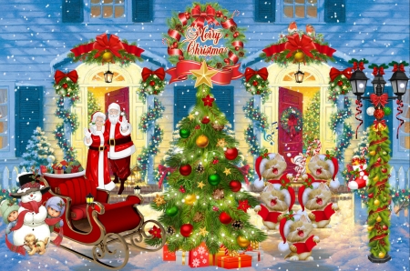 A Christmas Welcome - cats, lamp post, tree, snowman, mrs claus, sleigh, Christmas, presents, snow, lights, santa
