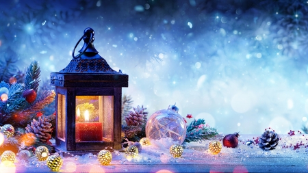 Time for Christmas - winter, snow, branches, candles, lantern