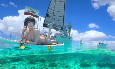 Summer - cy, water, summer, blue, boat, girl, cyart, fantasy, vara