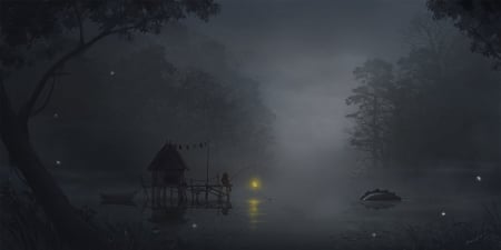 Night fishing - water, yellow, must, night, light, dark, fantasy, grey, dragon