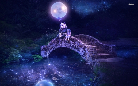 :) - moon, blue, balloon, panda, girl, night, pink, copil, child, bear, fantasy, luna, bridge