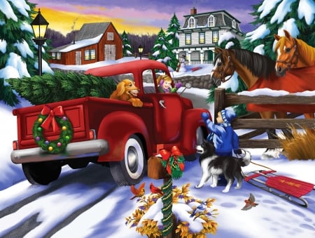 Bringing home the tree - fun, kids, winter, snow, bring, children, home, joy, tree, village, wreath, holiday, Christmas, art, animals