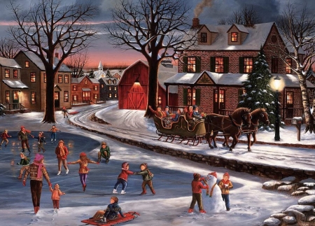 The Sleigh Ride - winter, snowman, Sleigh ride, sleigh, horses, skating, snow