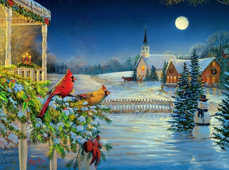 Cardinal vigil - night, winter, birds, art, vigil, house, church, moon, snow, christmas, village, cardinals, evening