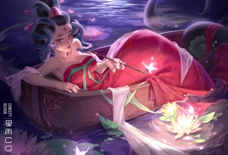 Fantasy girl - blue, night, snake, boat, umbrella, frumusete, star academy, parasol, girl, starlab, pink, fantasy, light, luminos, pinj, cassiopeia