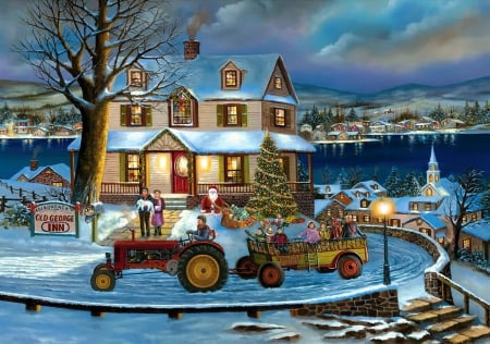 Old George inn - house, winter, evening, snow, Santa, night, village, christmas, inn, river, old, George, art