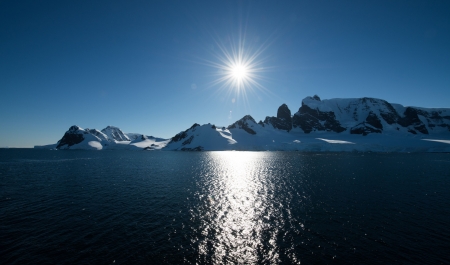 Sun Glistening on the Water in Antarctica - sunny, reflection, snow, sky, mountains, water