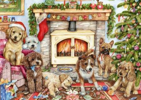 Christmas dogs - cracihn, room, craciun, art, puppy, painting, pictura, christmas, caine