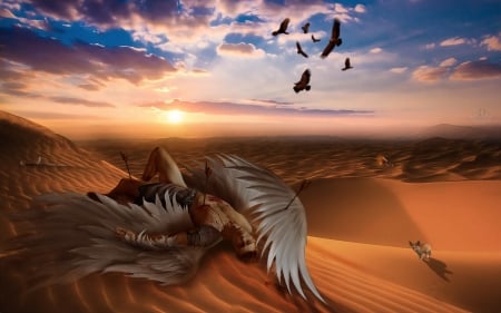 Fallen - lady 7 archangel, fantasy, desert, wings, lady7archangel, angel, falken, man