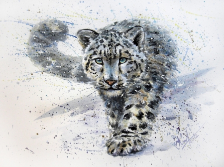 Snow Leopard - animal, winter, art, watercolor, snow leopard, konstantin kalinin, painting, pictura, iarna, paw