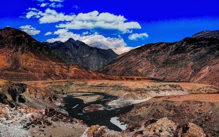 3 - Mountain ranges junction (Karakoram, Hindukush, and Himalayas) - river, Pakistan, asia, rocks, sky