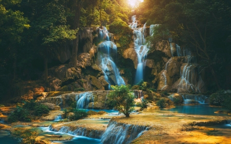 Kuang Si Waterfalls, Laos - cascades, forest, river, trees