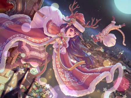 Christmas - moon, up, anime, girl, cat, christmas, manga, craciun, yuichi ito, pisici, luna