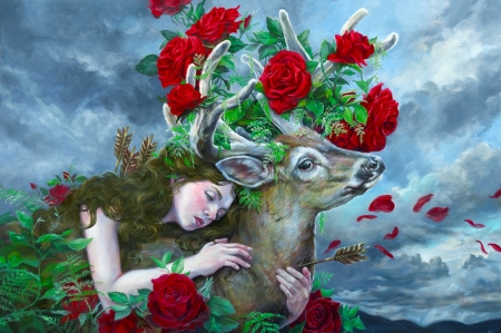 Artemis Web - roses, fantasy, woman, beautiful, deer, digital, girl, art