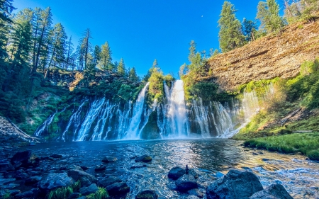 Burney Falls, McArthur-Burney Falls Memorial State Park, California - trees, sky, cascade, usa, stones